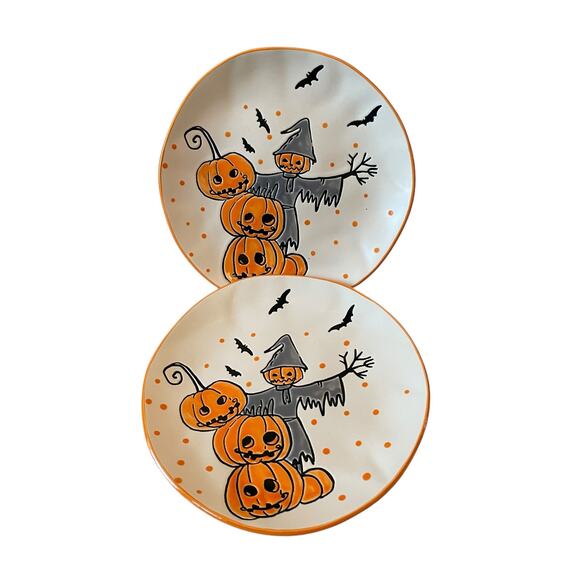 ELI & ANA Halloween Salad Plates 8in Bats Pumpkins Scarecrow Set of 2 New - Picture 2 of 9